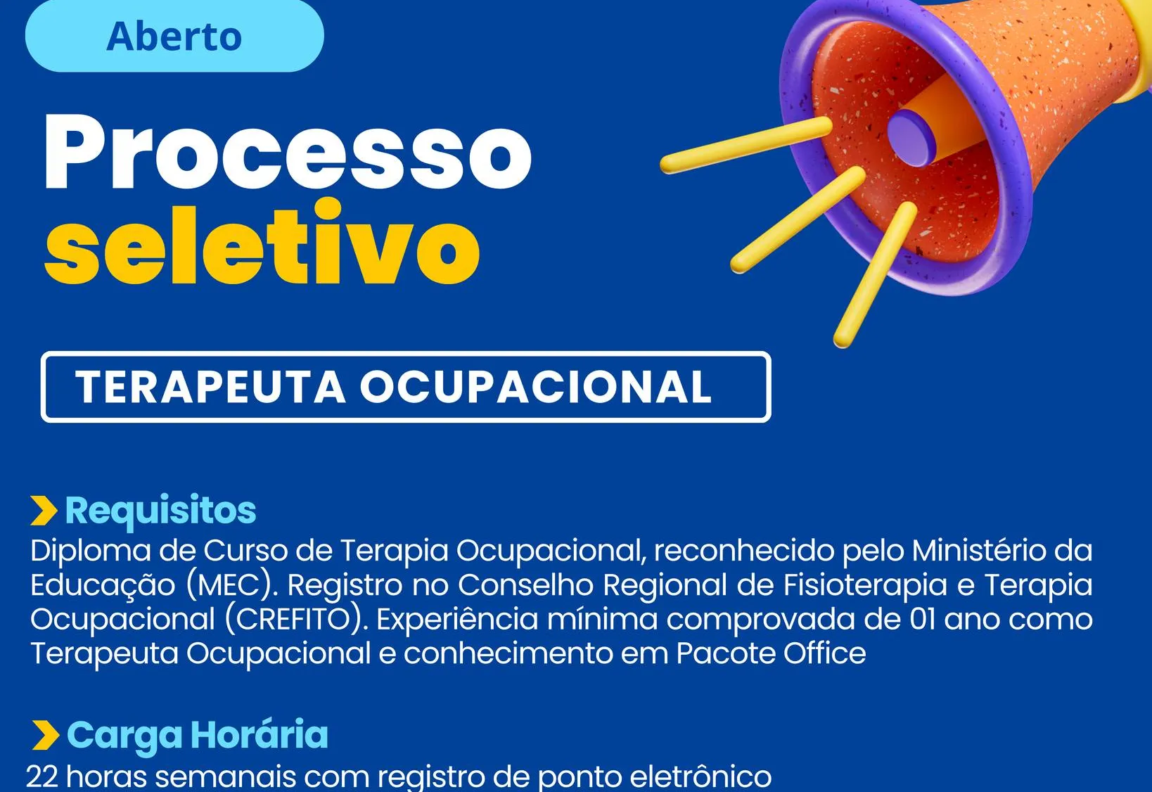 PROCESSO SELETIVO ABERTO PARA TERAPEUTA OCUPACIONAL EM PIRATININGA